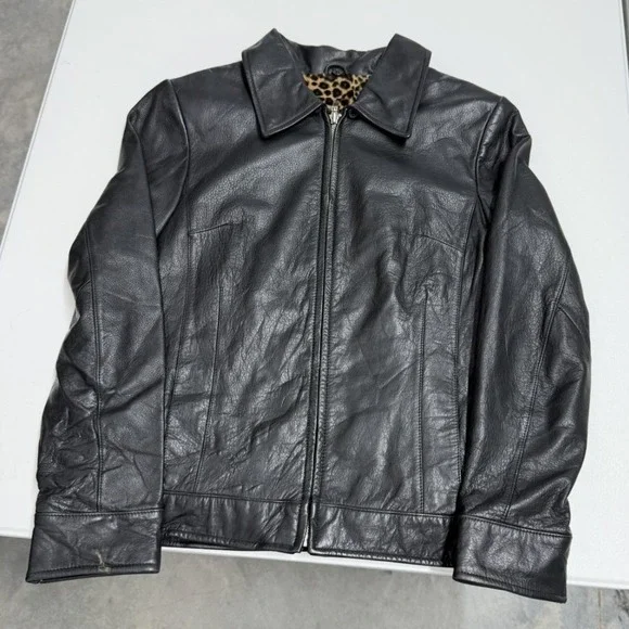 Leather Limited Black Genuine Leather Jacket Leopard Print Lining Womens Medium - Picture 1 of 6